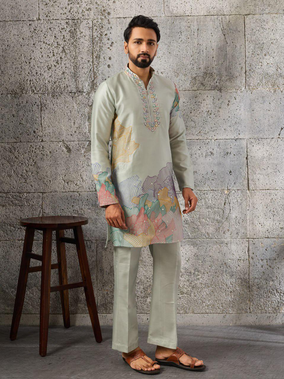 Men's Silk Kurta Pant Set | Thread Sequin Embroidery Festive Outfit