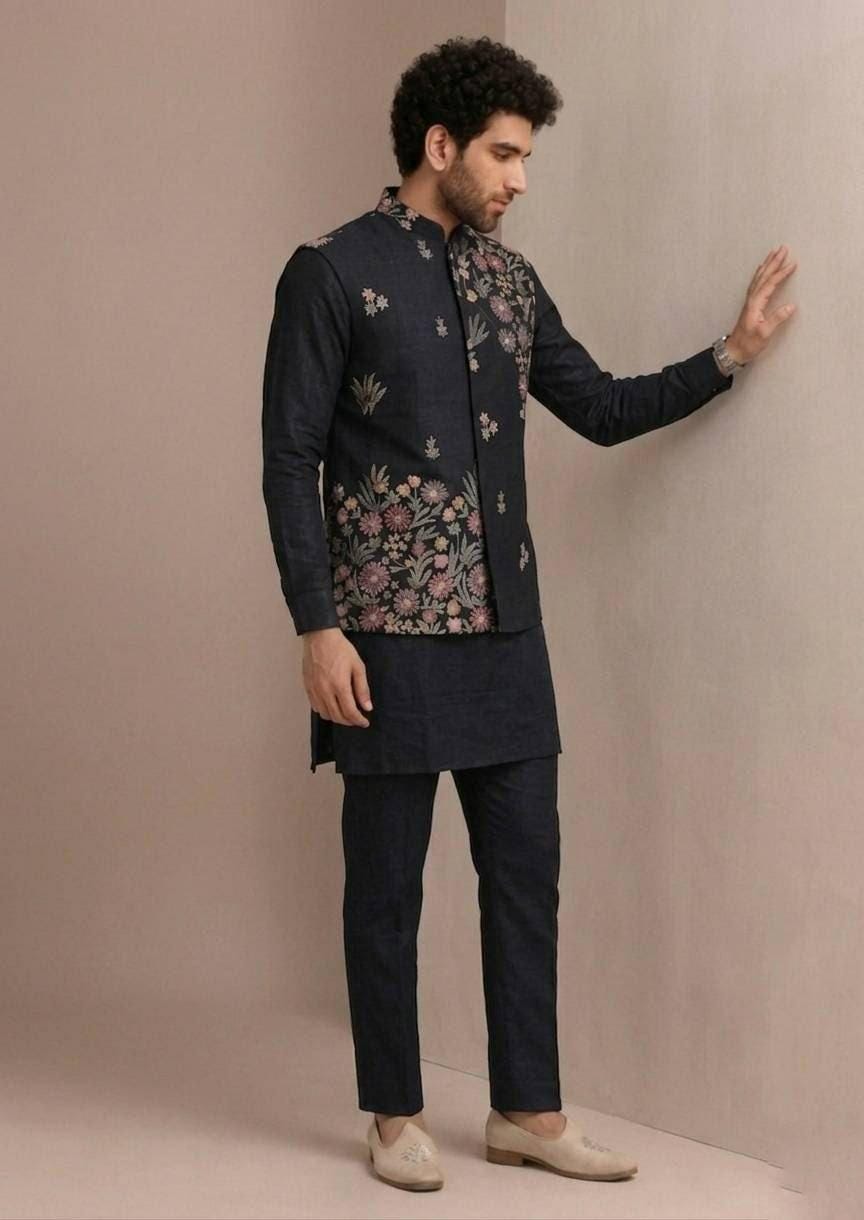 Men's Roman Silk Kurta Pant Set with Embroidered Koti | Festive Ethnic Wear