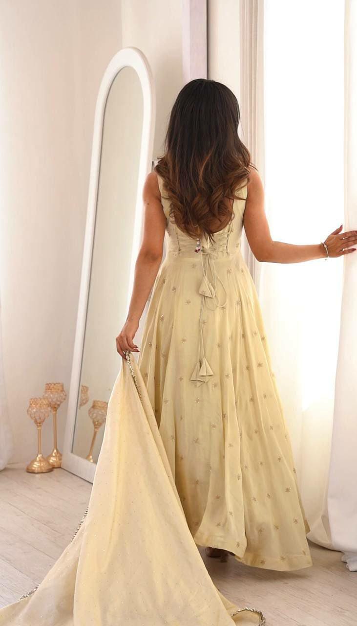 Cosmos Gold Anarkali Suit Set, Embroidered Flared Kurta with Pants, Indian Ethnic Outfit