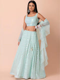 Icy Aqua Heavy Georgette Lehenga Choli | Sequin Embroidered Ruffle Dupatta, Wedding Wear