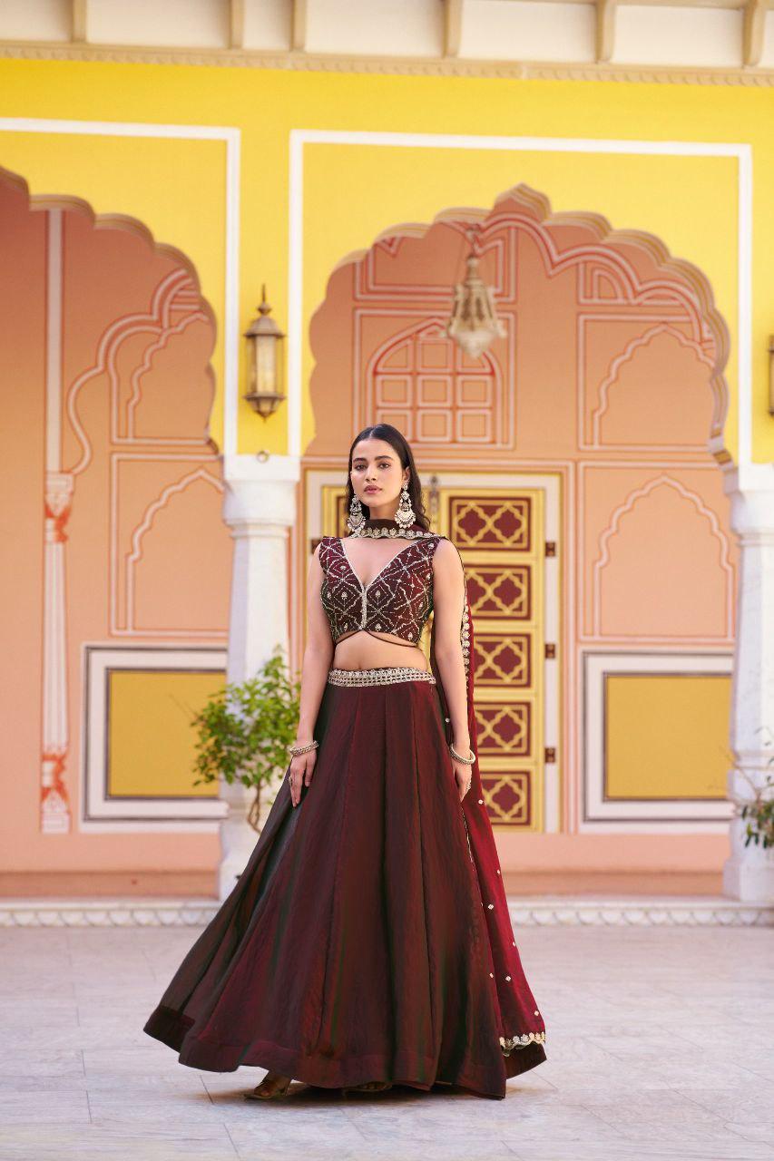 Fendi Fabric Lehenga Choli Set | Sequins, Thread Embroidery, 4 Meter Flair, Party Wear