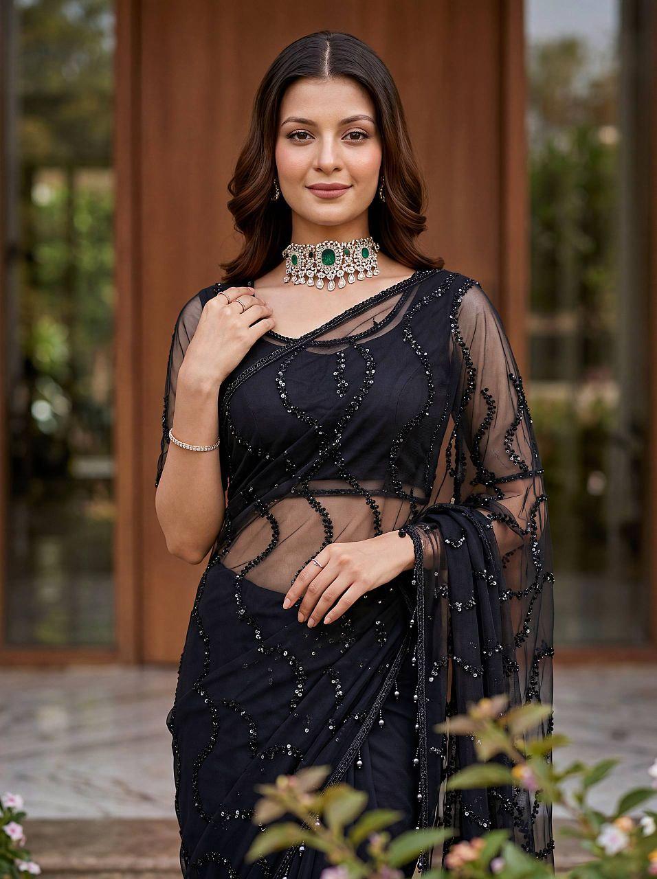 Embroidered Net Saree with Beads, Sequins, Pearls, Designer Party Wear (Unstitched Blouse)