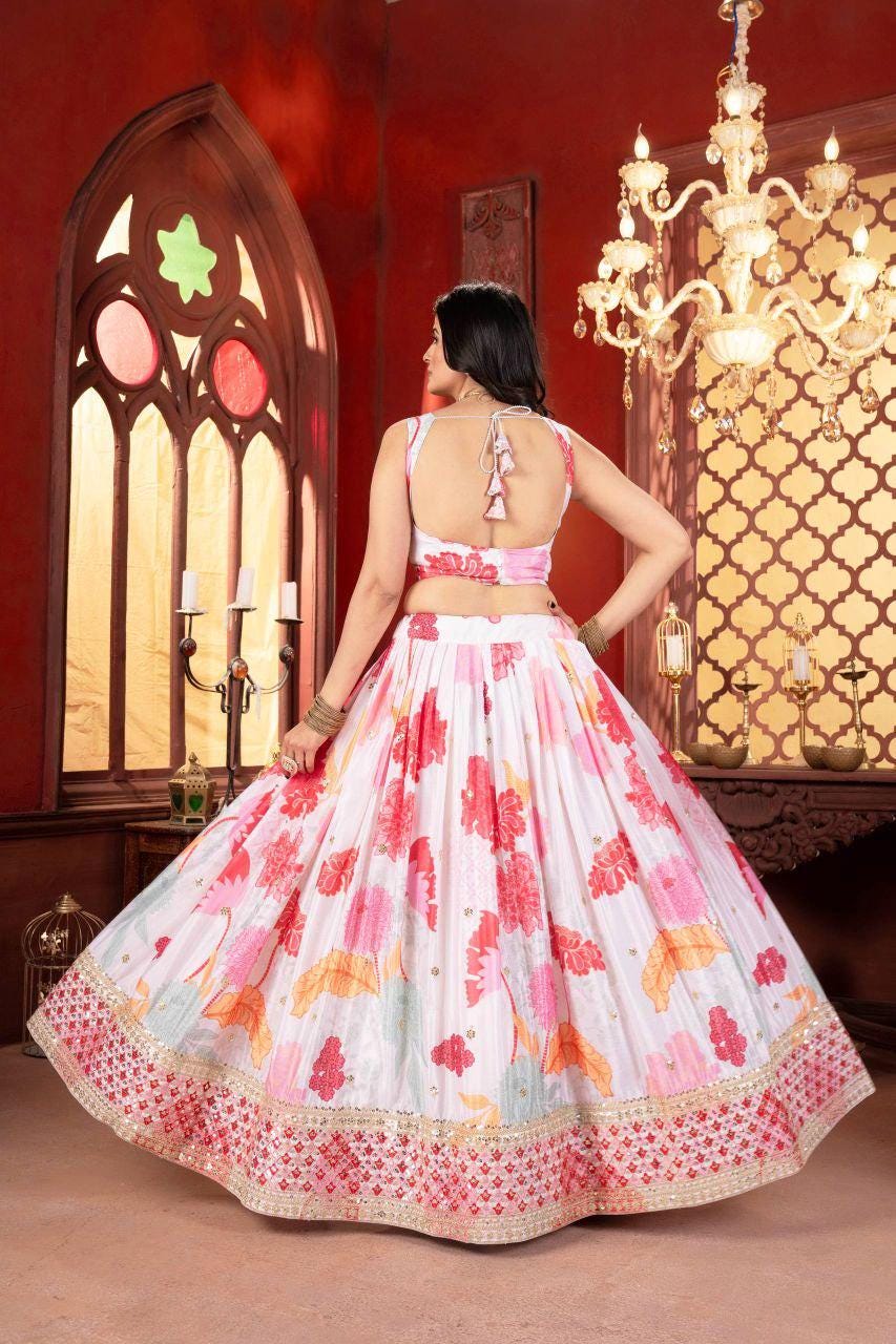 Chinon Silk Lehenga Choli | Digital Print, Sequins Embroidery, 4 Meter Flair, Indian Wedding Wear