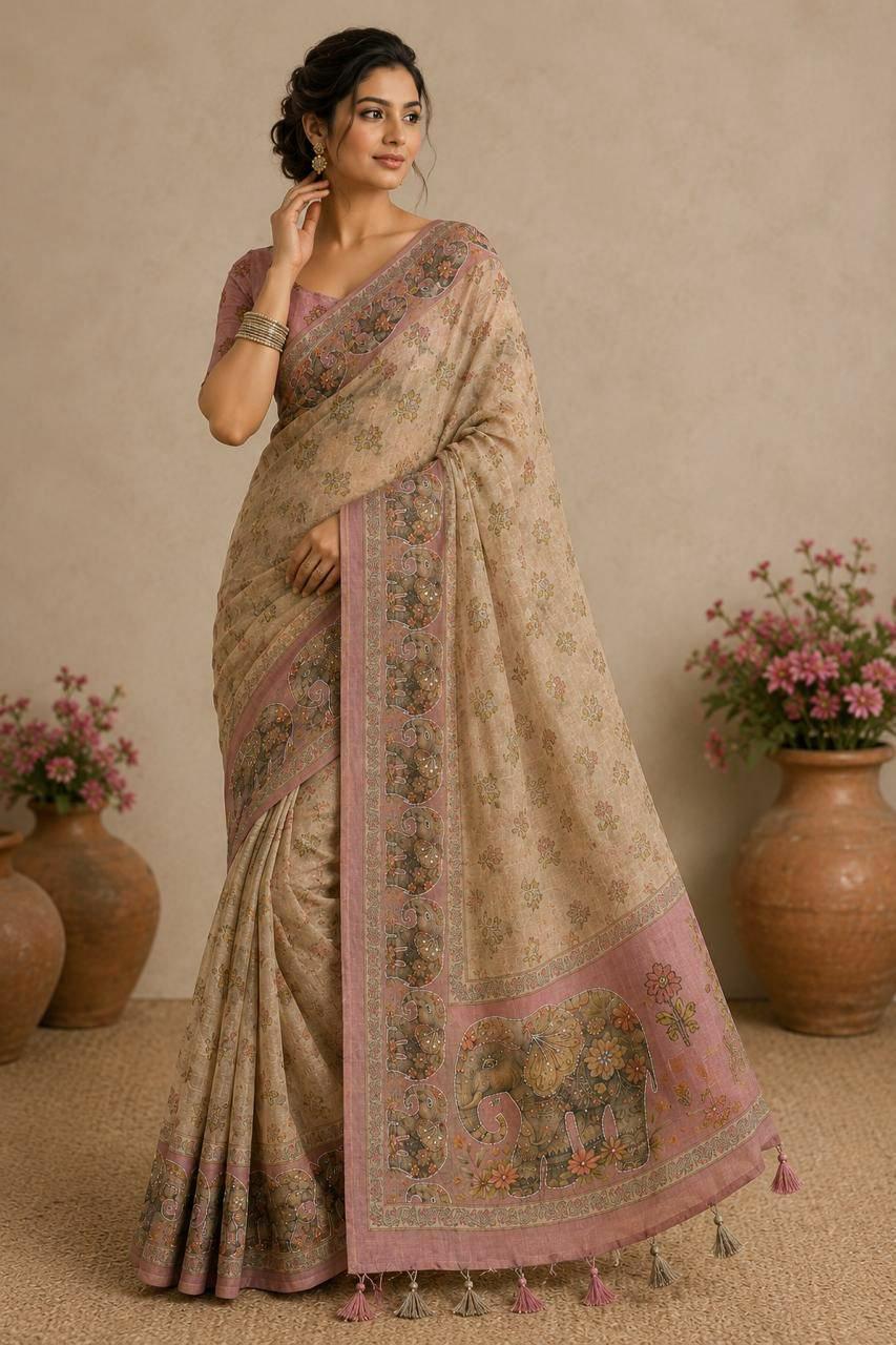 Linen Cotton Silk Saree | Digital Print, Khatli Kut Dana Handwork, Stone Embellished Designer Wear