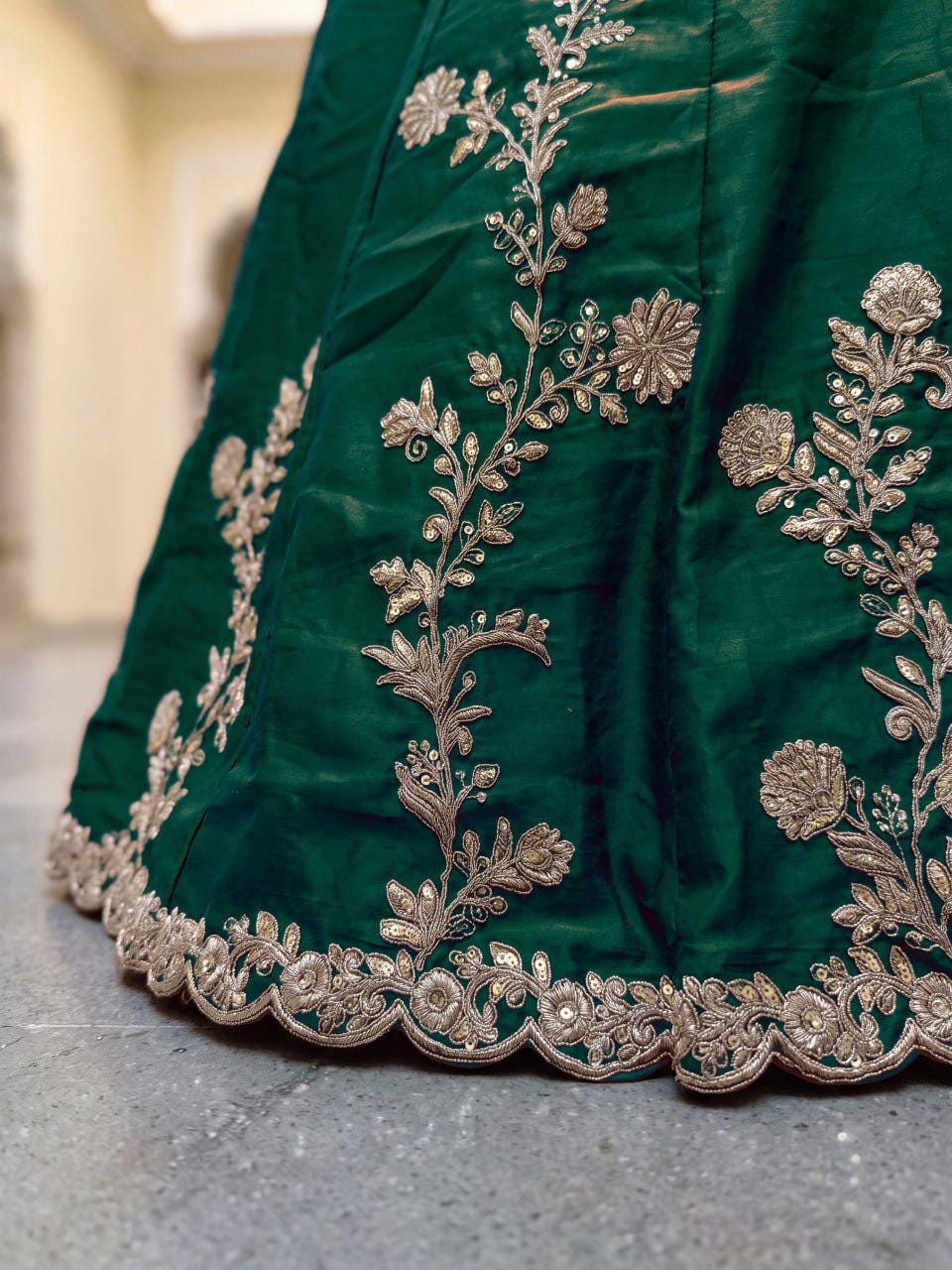 Bottle Green Rangoli Silk Lehenga Choli Set | Zari Dori Sequins Embroidery, Festive Outfit