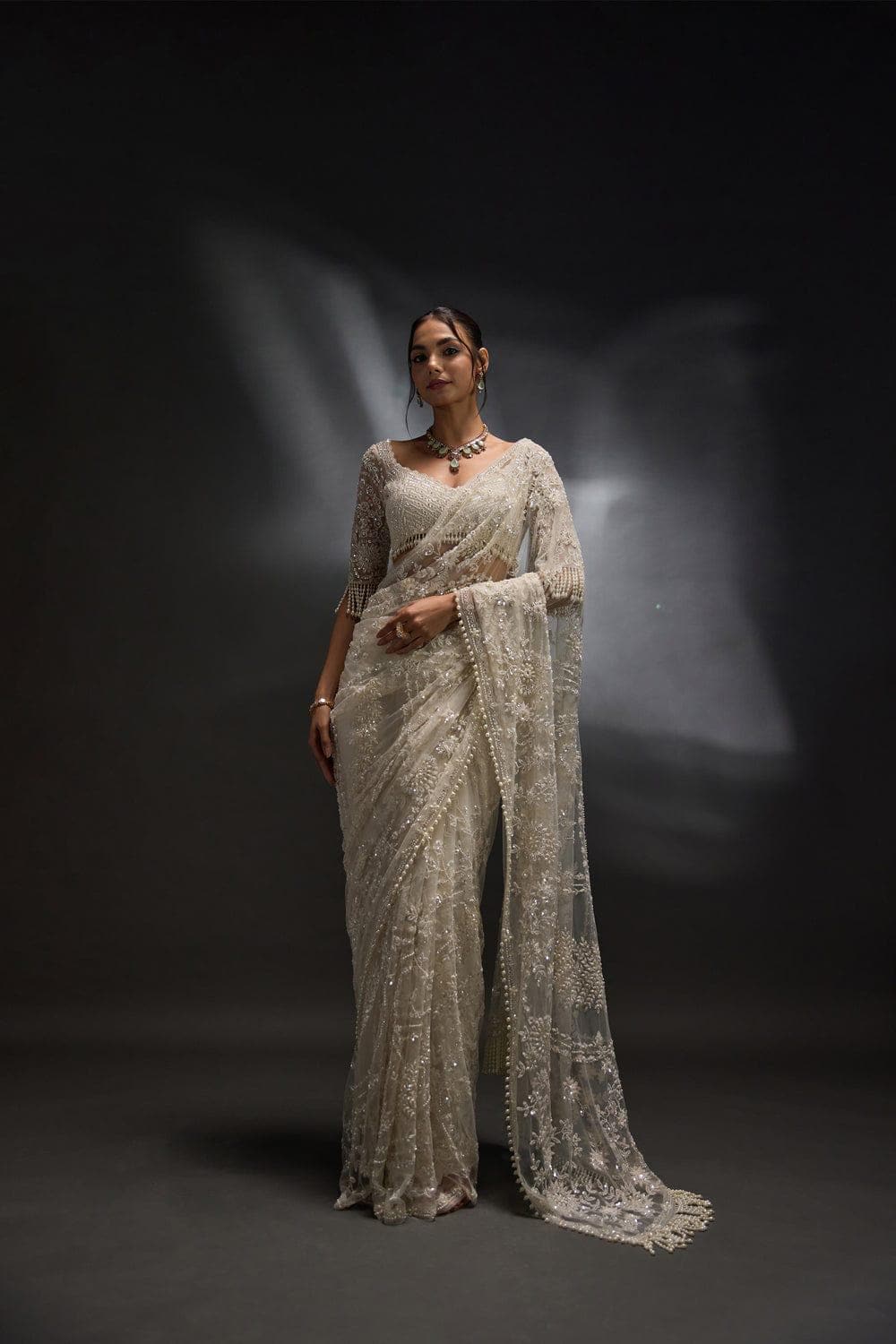 Heavy Sequins Embroidered Mono Net Saree with Pearl Border, Designer Blouse Included