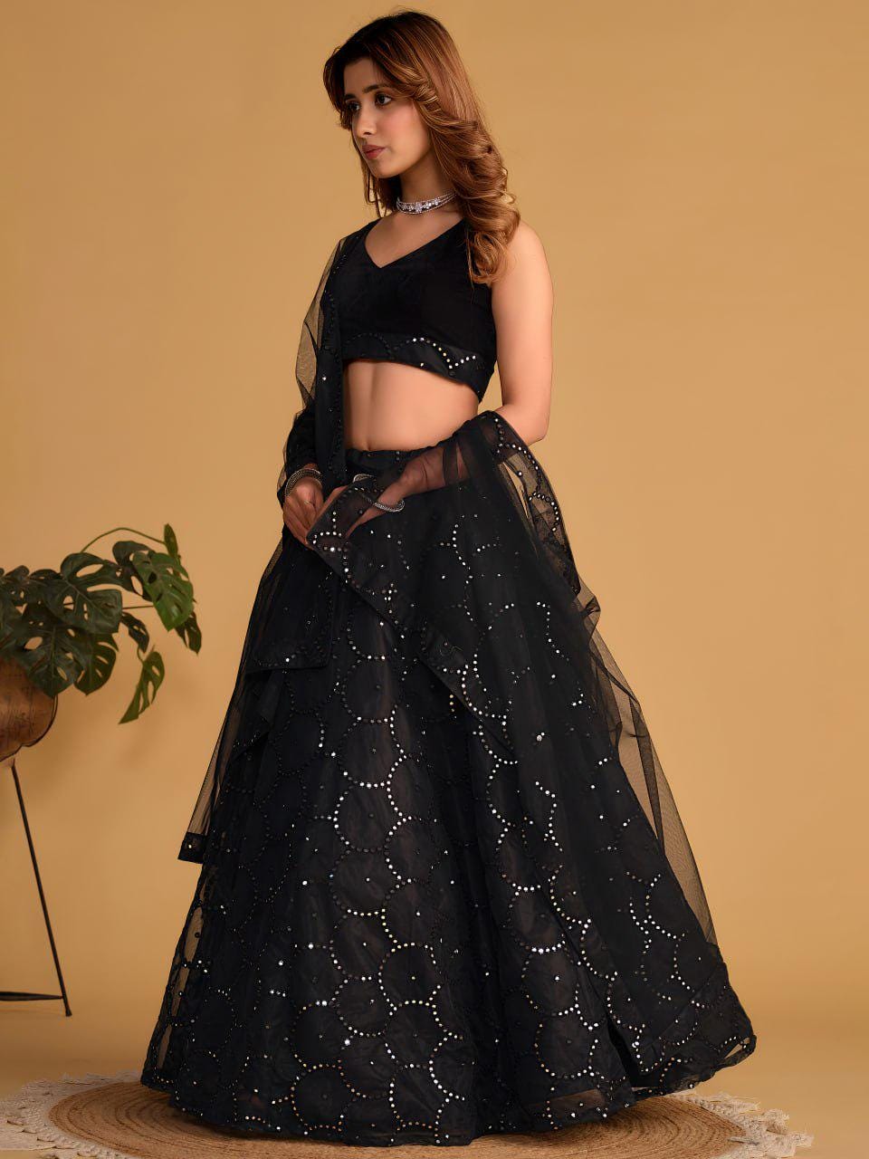 Black Organza Net Lehenga Choli Set | Velvet Sequin Embroidered Blouse, Dupatta