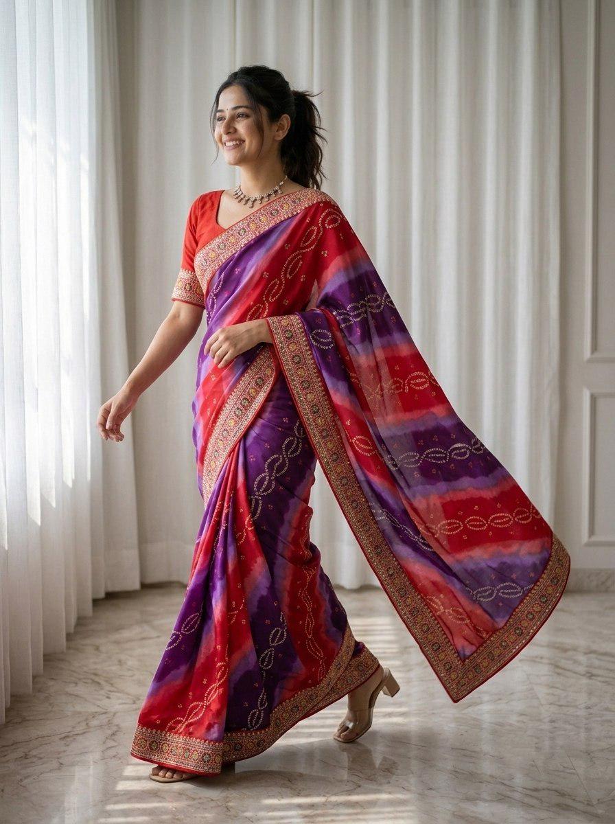 Digital Print Georgette Saree | Embroidered Lace Border, Silk Blouse (Digital Download)