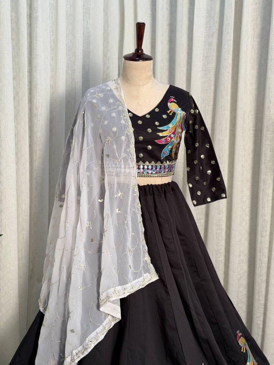 Embroidered Roman Silk Lehenga Choli Set | Peacock Sequin Work Wedding Outfit