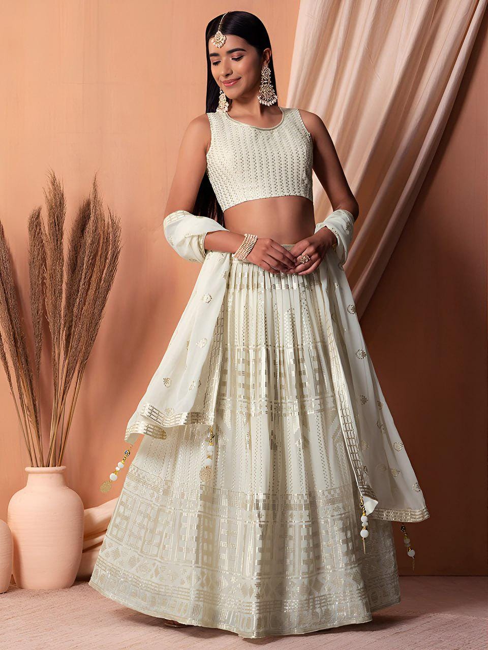 Ivory Georgette Lehenga Choli Set | Sequin Embroidered Wedding Bridal Outfit