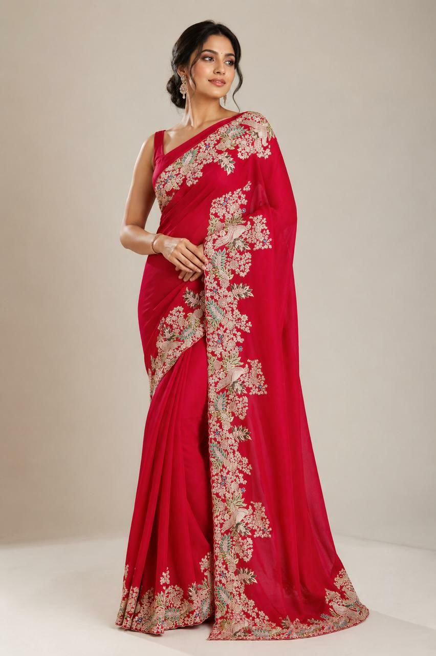 Pure Jimmy Choo Silk Saree, Coding Sequins Embroidery, Arc Cut Border, Wedding Party Wear