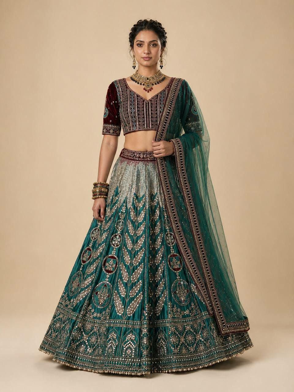 Japan Satin Silk Lehenga Choli, Velvet Blouse, Sequins Embroidery Bridal Wedding Set