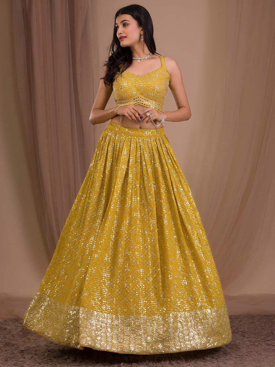 Mustard Yellow Georgette Lehenga Choli Set | Zari Sequins Embroidered Wedding Outfit Net Dupatta