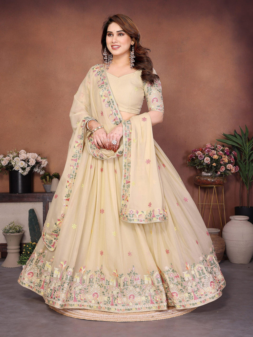 Embroidered Star Georgette Lehenga Choli Set | Ready-to-Wear Bridal Indian Wedding Wear Dupatta Cutwork Border
