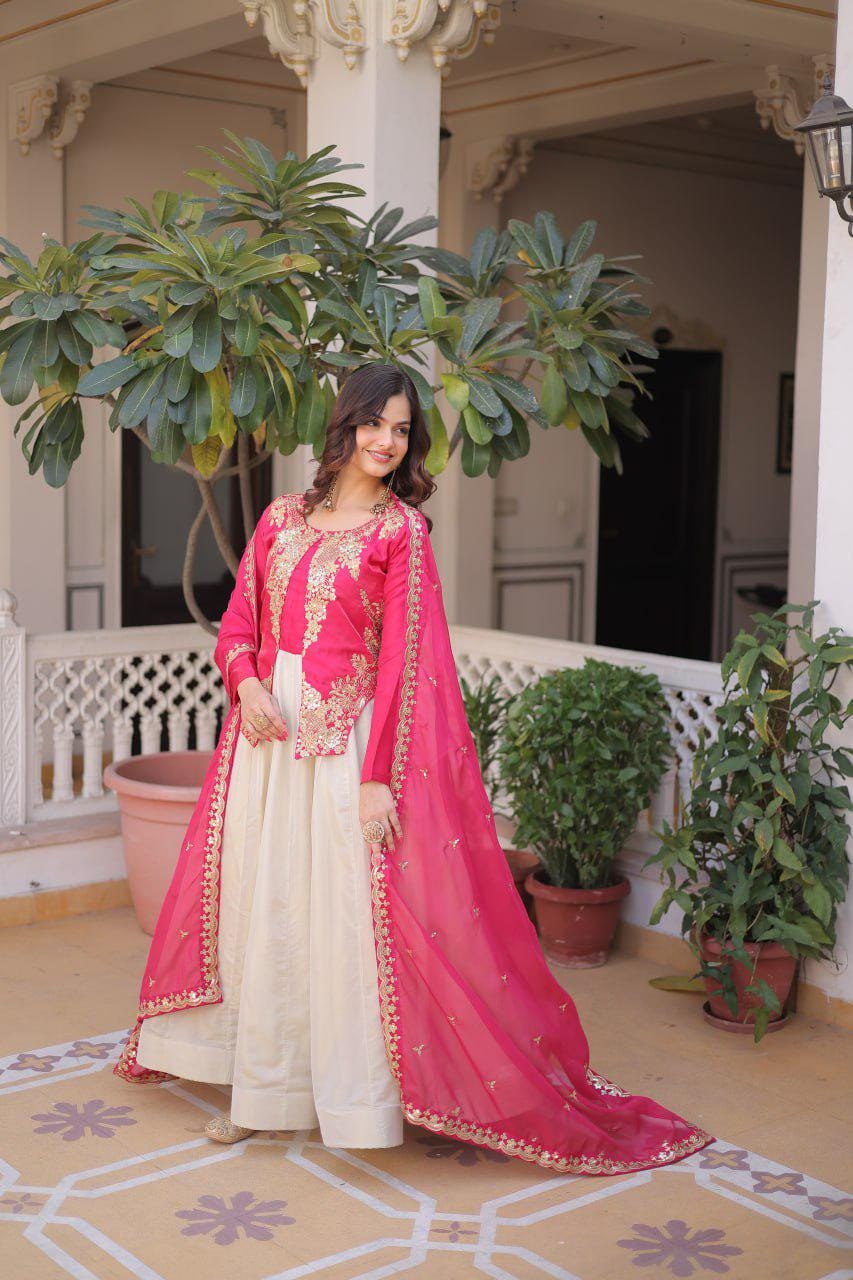 Glass Roman Anarkali Gown Set, Sequins Embroidery, Tabby Silk Dupatta, Festive Wear