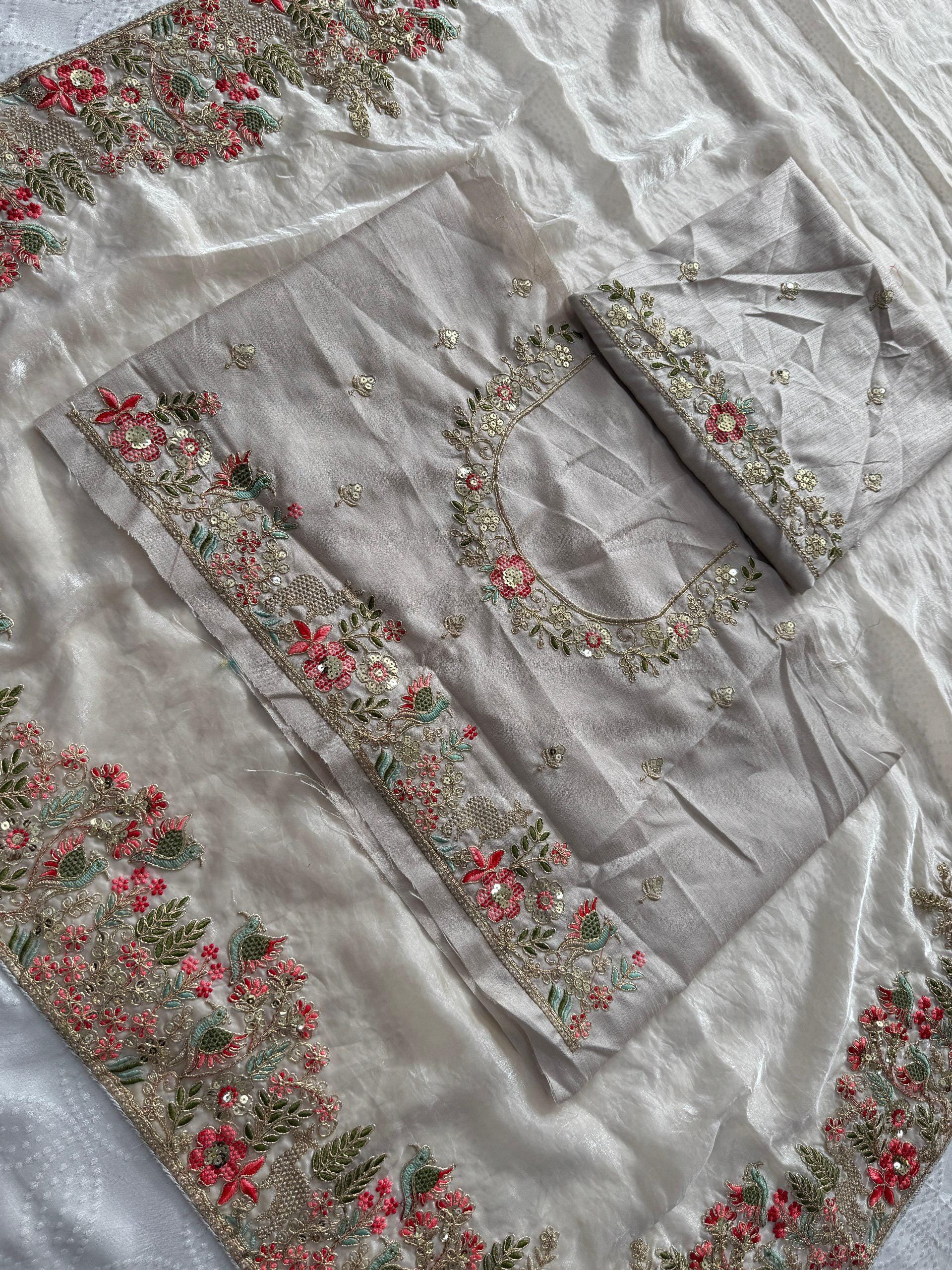 Fendy Satin Silk Saree with C-Pallu Embroidery | Designer Wedding Wear Blouse Piece