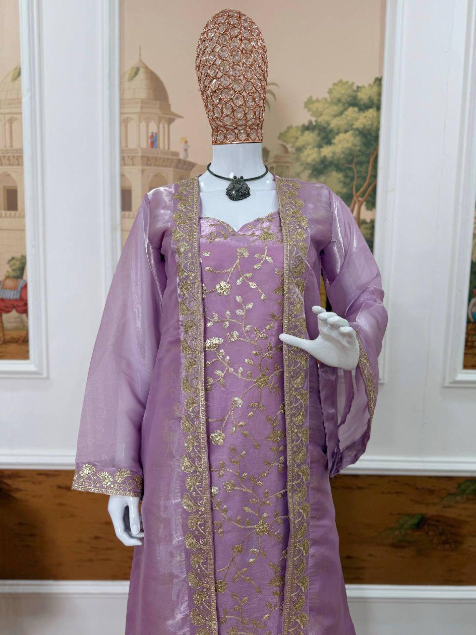Embroidered Jimmy Silk Kurti Palazzo Set with Long Koti Jacket, Festive Indian Outfit
