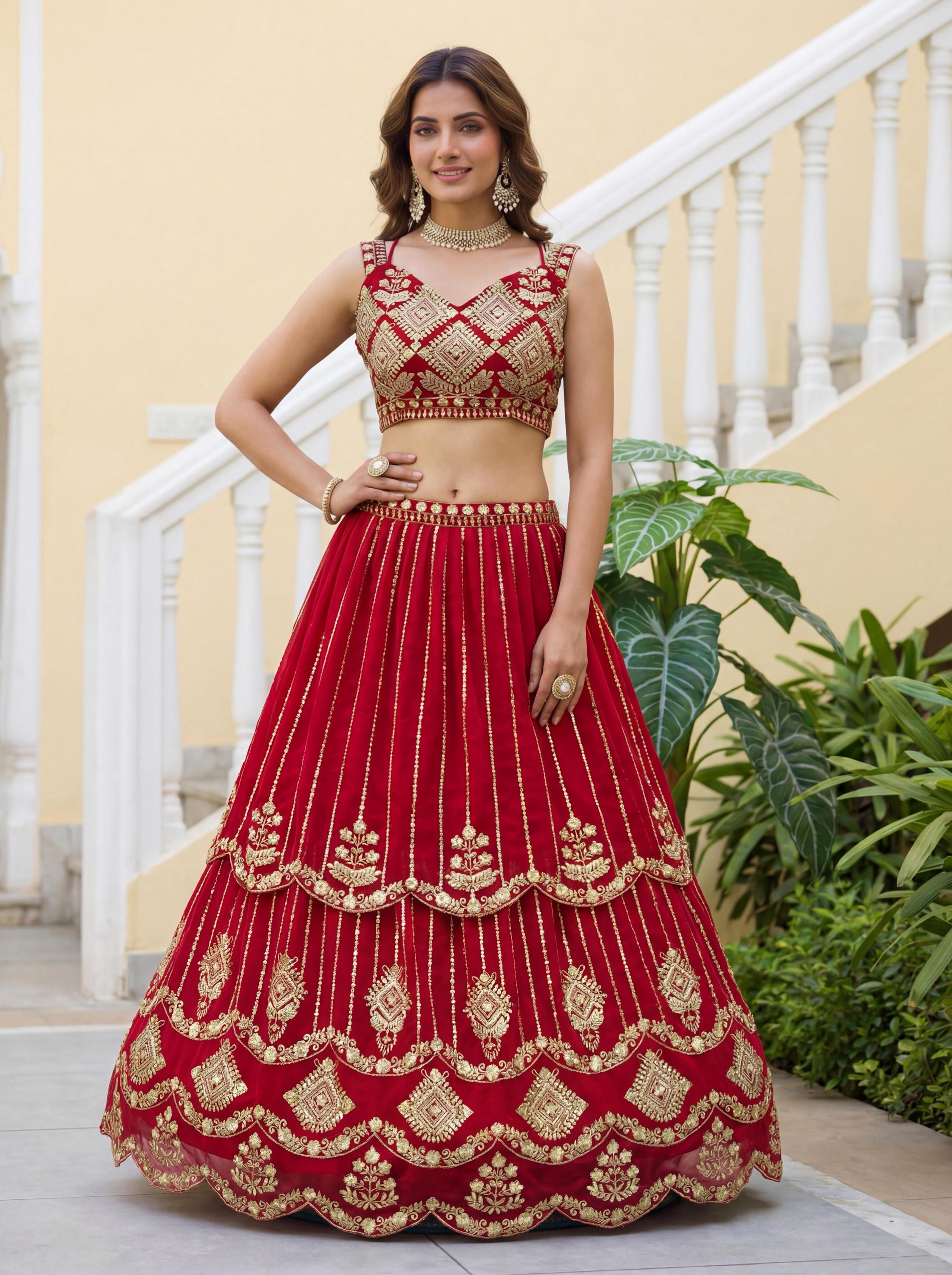 CxC Faux Georgette Lehenga Choli Set, Zari Sequin Embroidery, 3.5 Meter Flair (Semi Stitched)