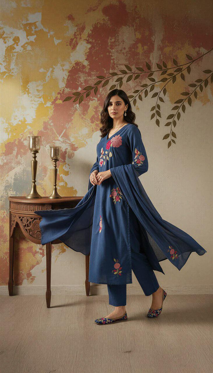 Embroidered Chanderi Silk Kurta Pant Set with Dupatta, Indian Ethnic Festive Wear