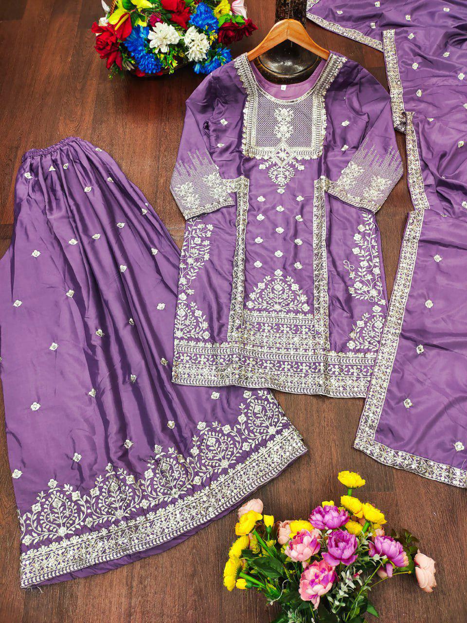 Crepe Sharara Suit Set, Sequin Embroidery, Festive Ethnic Outfit Women
