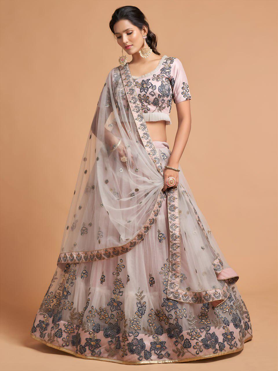 Light Grey Soft Net Lehenga Choli | Floral Embroidery, Zari, Dori, Sequins Bridal Set