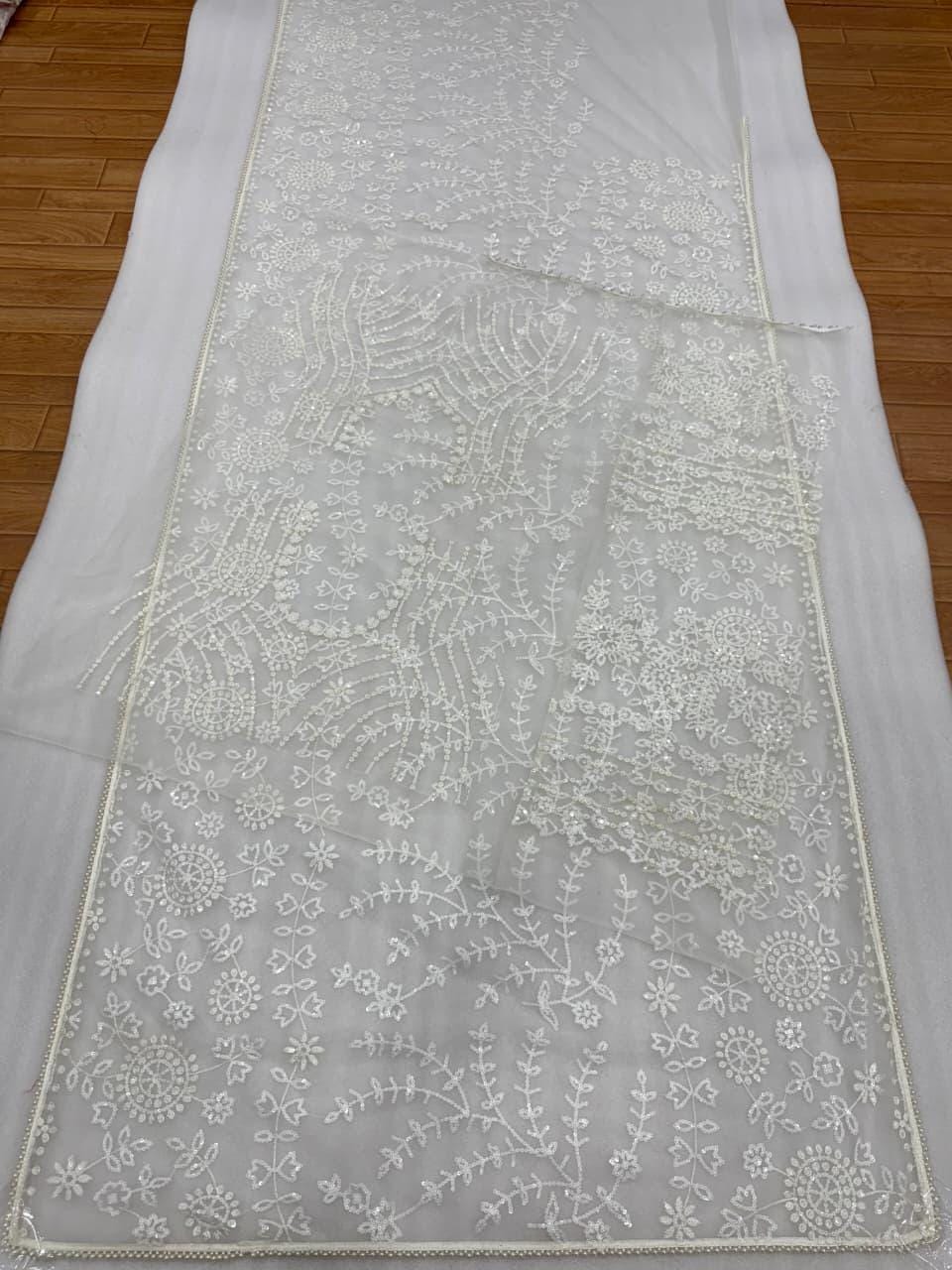 Heavy Sequins Embroidered Mono Net Saree with Pearl Border, Designer Blouse Included
