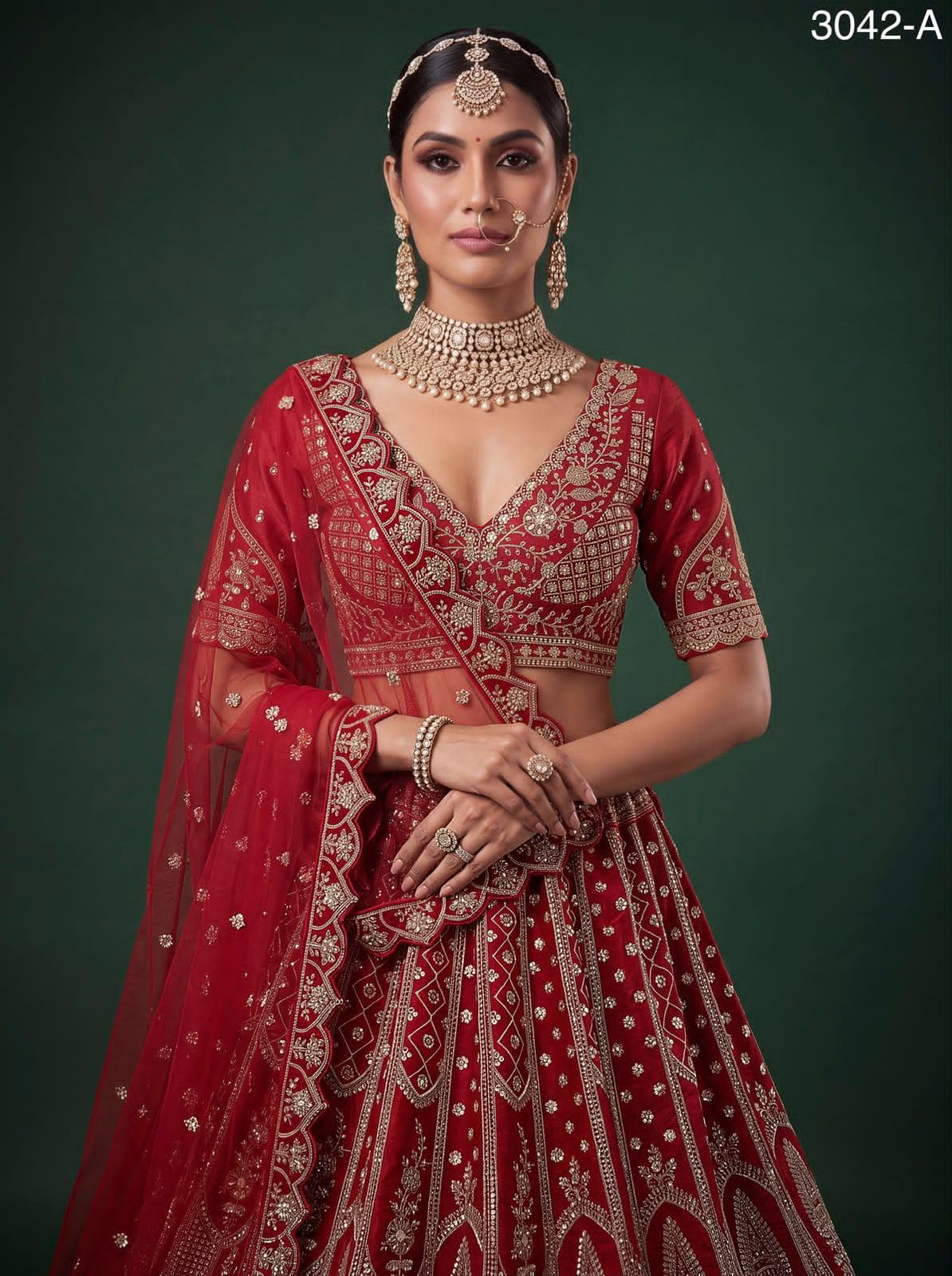 Luxury Slub Silk Bridal Lehenga Choli Set | Hand Bead Crystal Embroidery, Zari, Sequins Dupatta