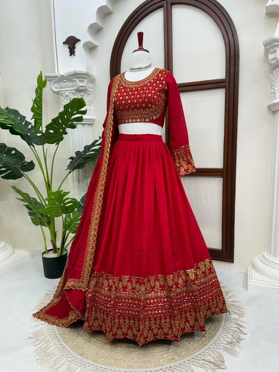 Vichitra Silk Lehenga Choli Set | Embroidered Wedding Bridal Wear, Fully Stitched Dupatta