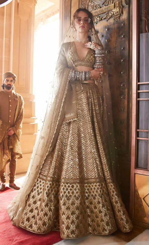 Antique Gold Slub Silk Lehenga Choli, Zari Dori Sequins Embroidery, Bridal Wedding Net Dupatta