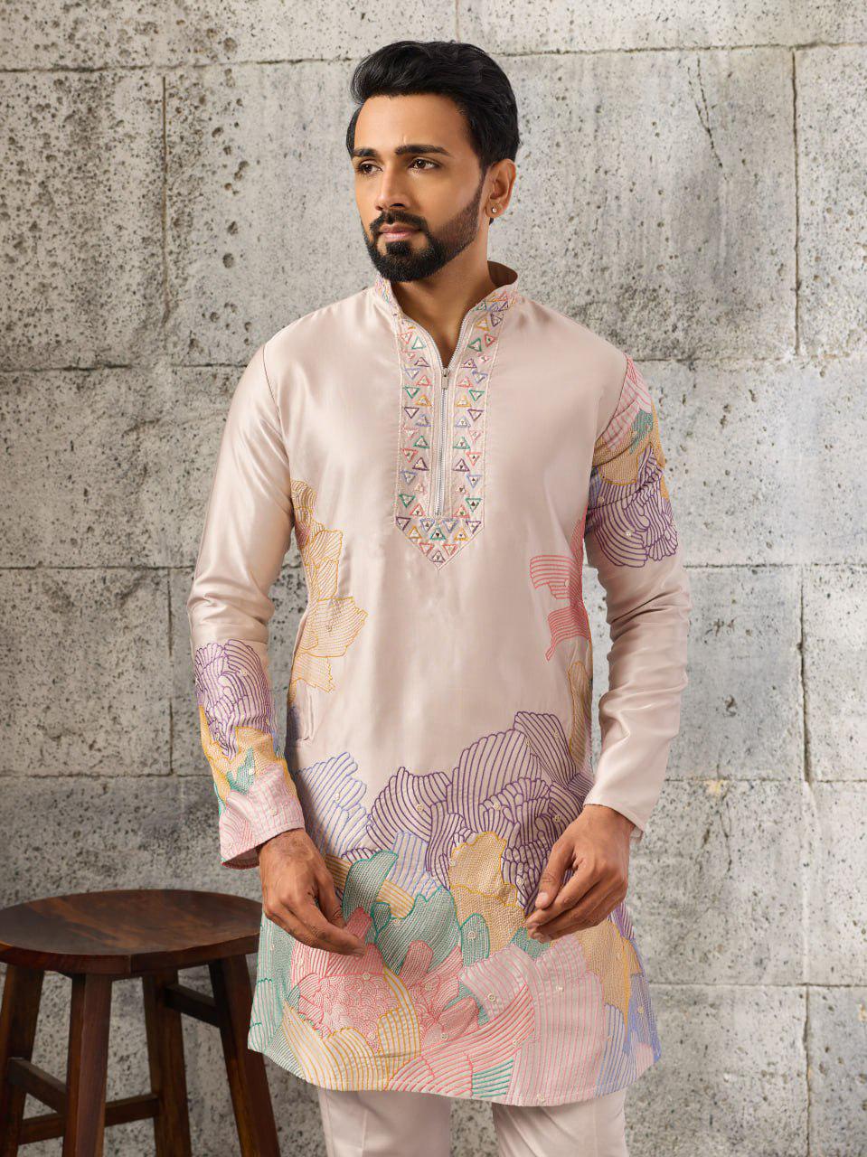 Men's Silk Kurta Pant Set | Thread Sequin Embroidery, Festive Wedding Outfit