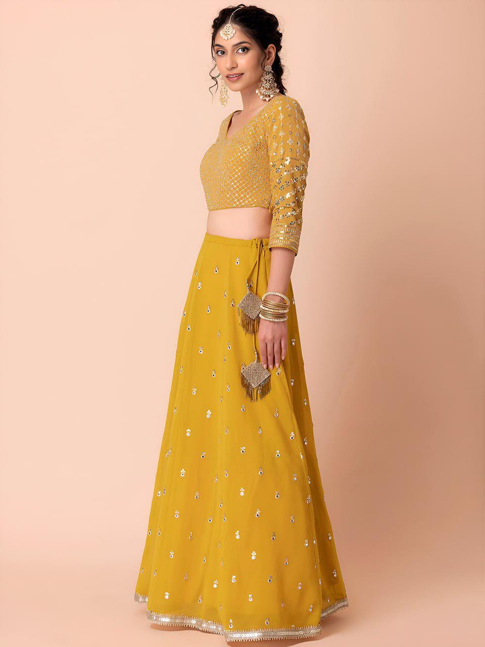 Mustard Yellow Heavy Georgette Lehenga Choli | Zari Sequin Embroidered Festive Wear Net Dupatta
