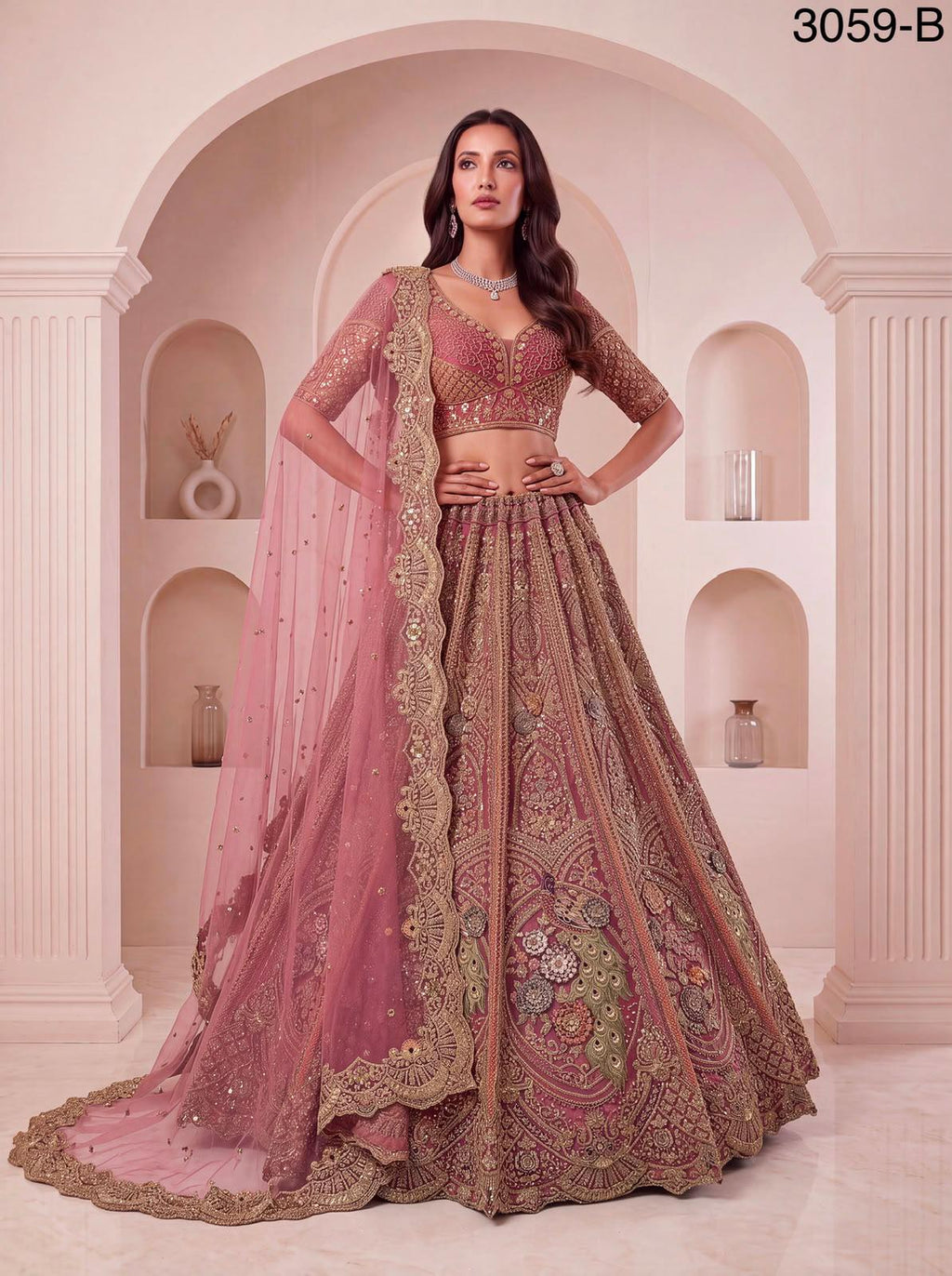 Luxury Peacock Embroidered Bridal Lehenga Choli Set | Zari Sequins Zircon Net Wedding Wear
