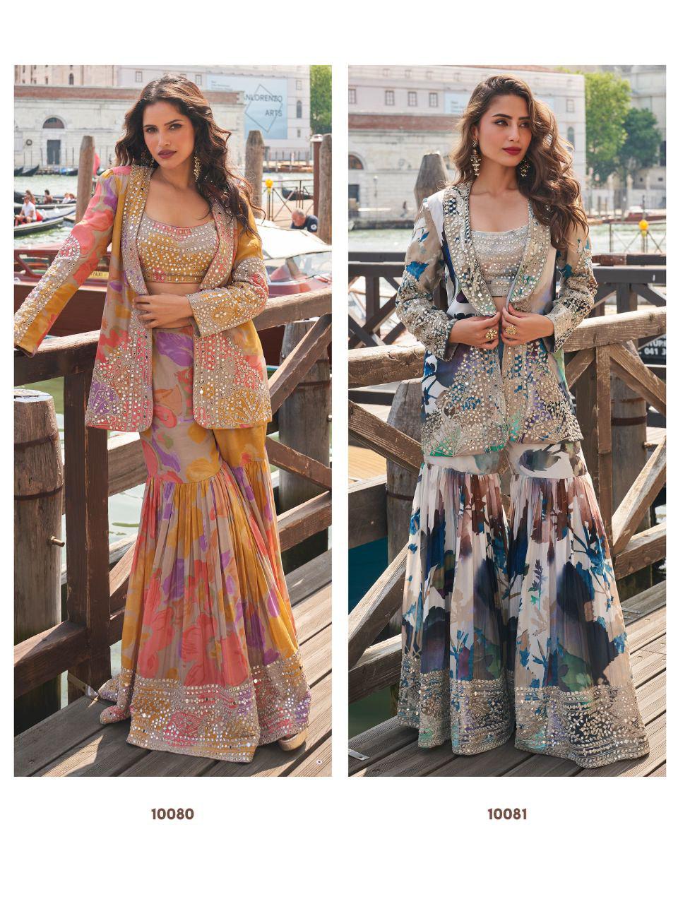Elnaaz Chinon Silk Gharara Set, Hand Mirror Work Ethnic Outfit, XL Stitched Party Wear