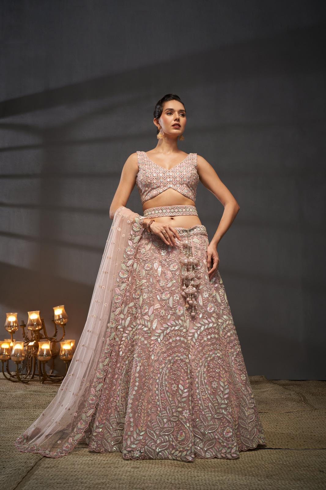 Cream Net Lehenga Choli Set | Multicolor Sequins Zarkan Embroidery, Bridal Wear