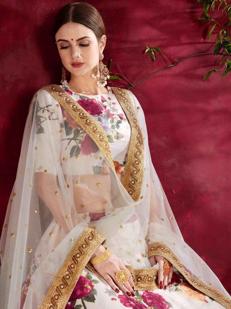Ivory Floral Art Silk Lehenga Choli Set | Golden Embroidered Border, Net Dupatta