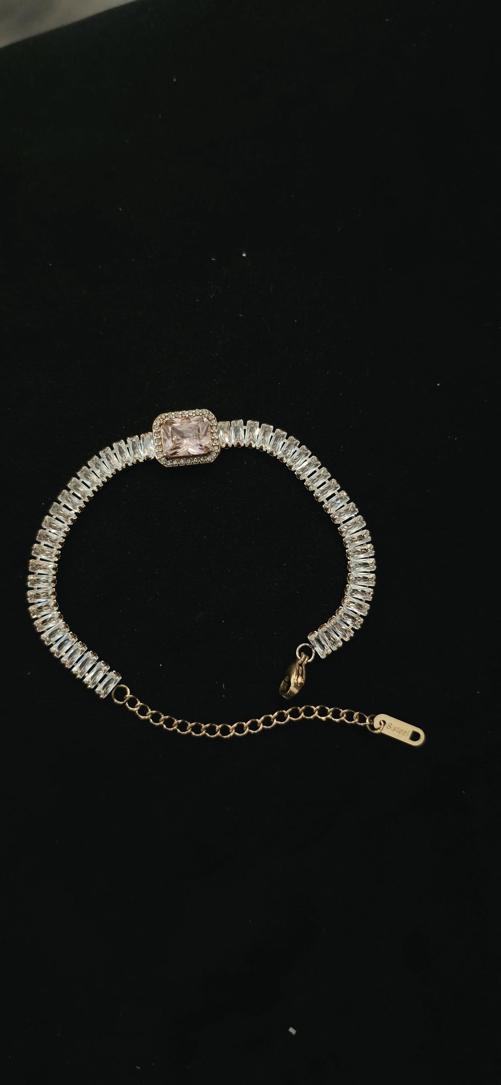 Pink Baguette Crystal Tennis Bracelet, Gold Stainless Steel, Waterproof Bridal Jewelry