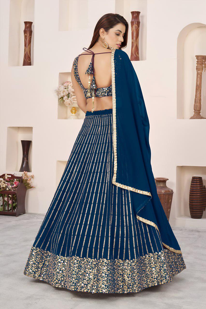 Navy Blue Georgette Lehenga Choli Set | Zari Sequins Embroidery, A-Line (Semi-Stitched)