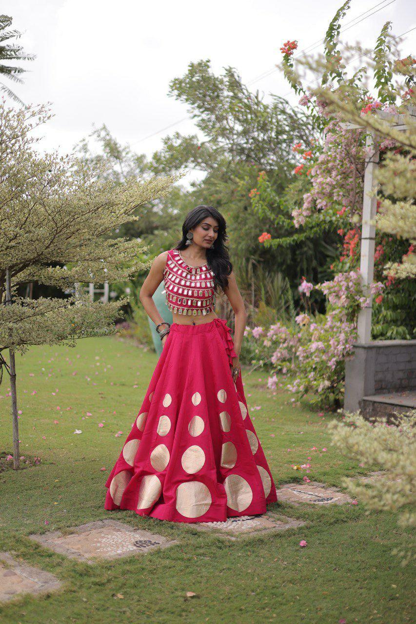 Roman Silk Lehenga Choli Set | Gota Mirror Work Festive Wedding Wear