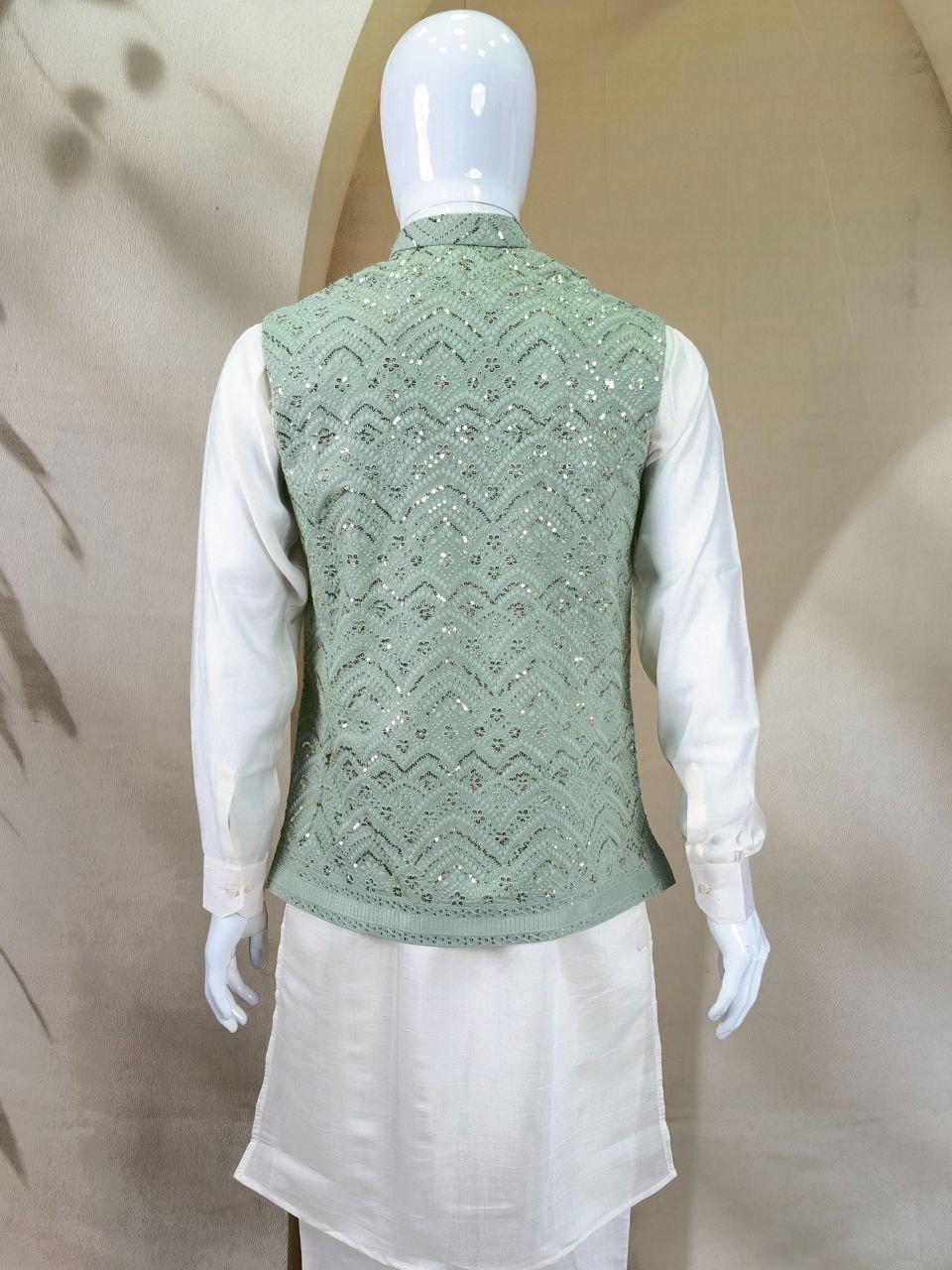 Men's Roman Silk Kurta Pajama Set with Embroidered Koti, Festive Ethnic Wear