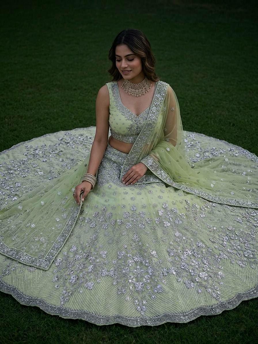 Butterfly Net Lehenga Choli | Foil Mirror Sequin Work, 4 Meter Flare, Indian Wedding Wear