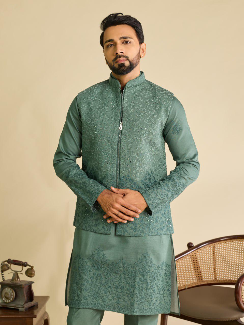 Art Silk Kurta Koti Set | Real Mirror Multi Thread Embroidery Wedding Outfit