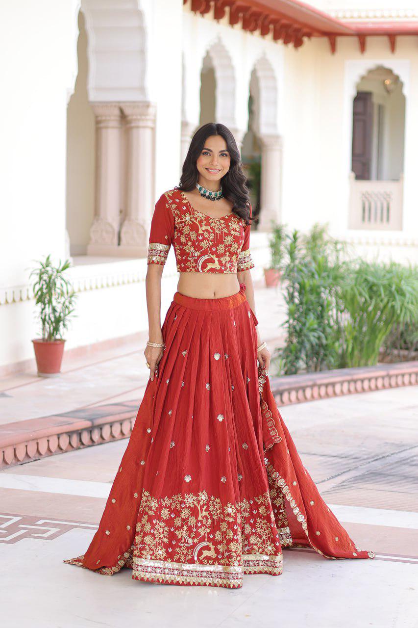 Vichitra Silk Lehenga Choli, Sequins Thread Embroidery, 4 Meter Flare Wedding Set