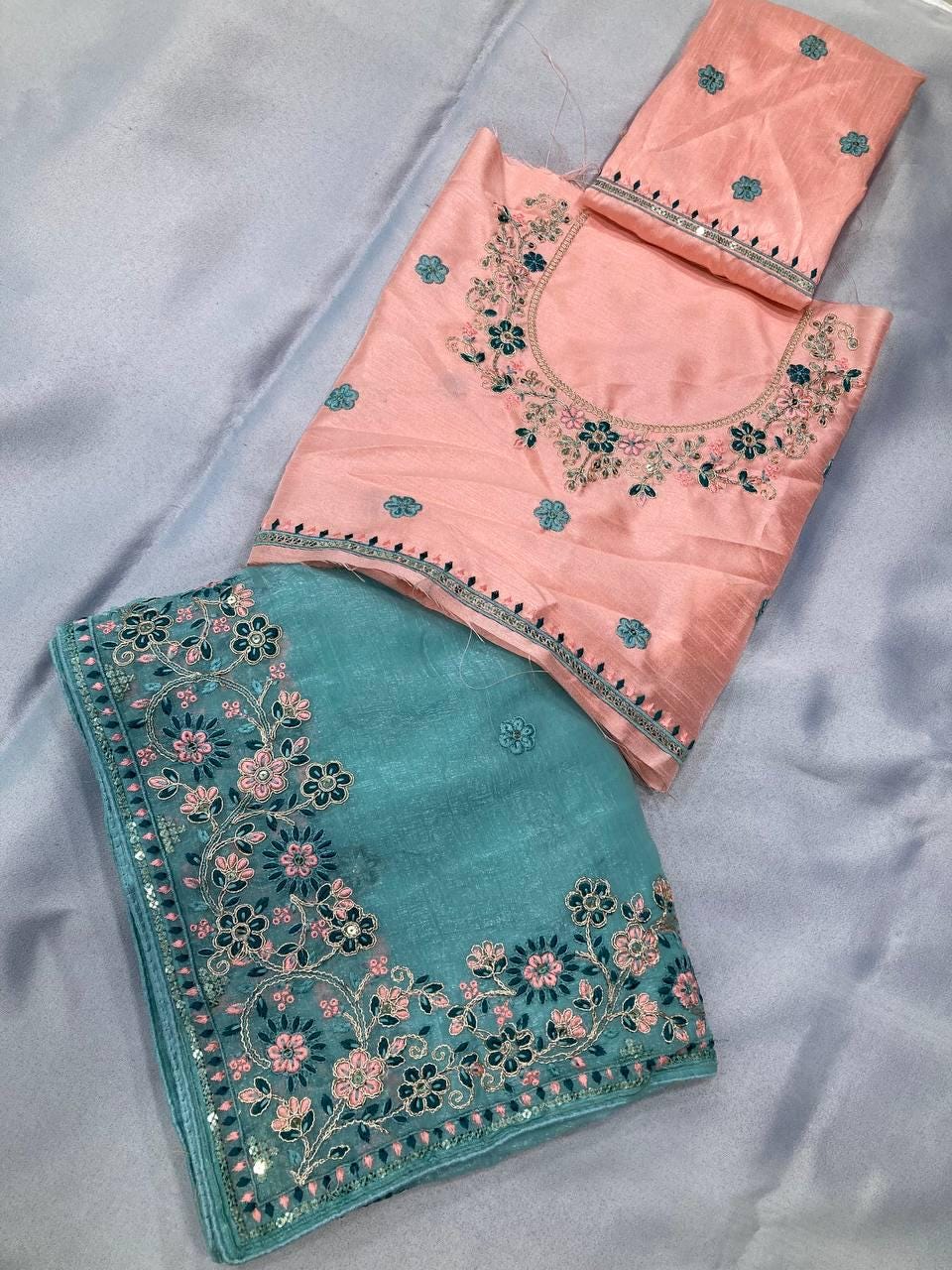 Crunchy Silk Saree, C-Pallu Embroidery, Cutwork Border, Heavy Blouse Piece