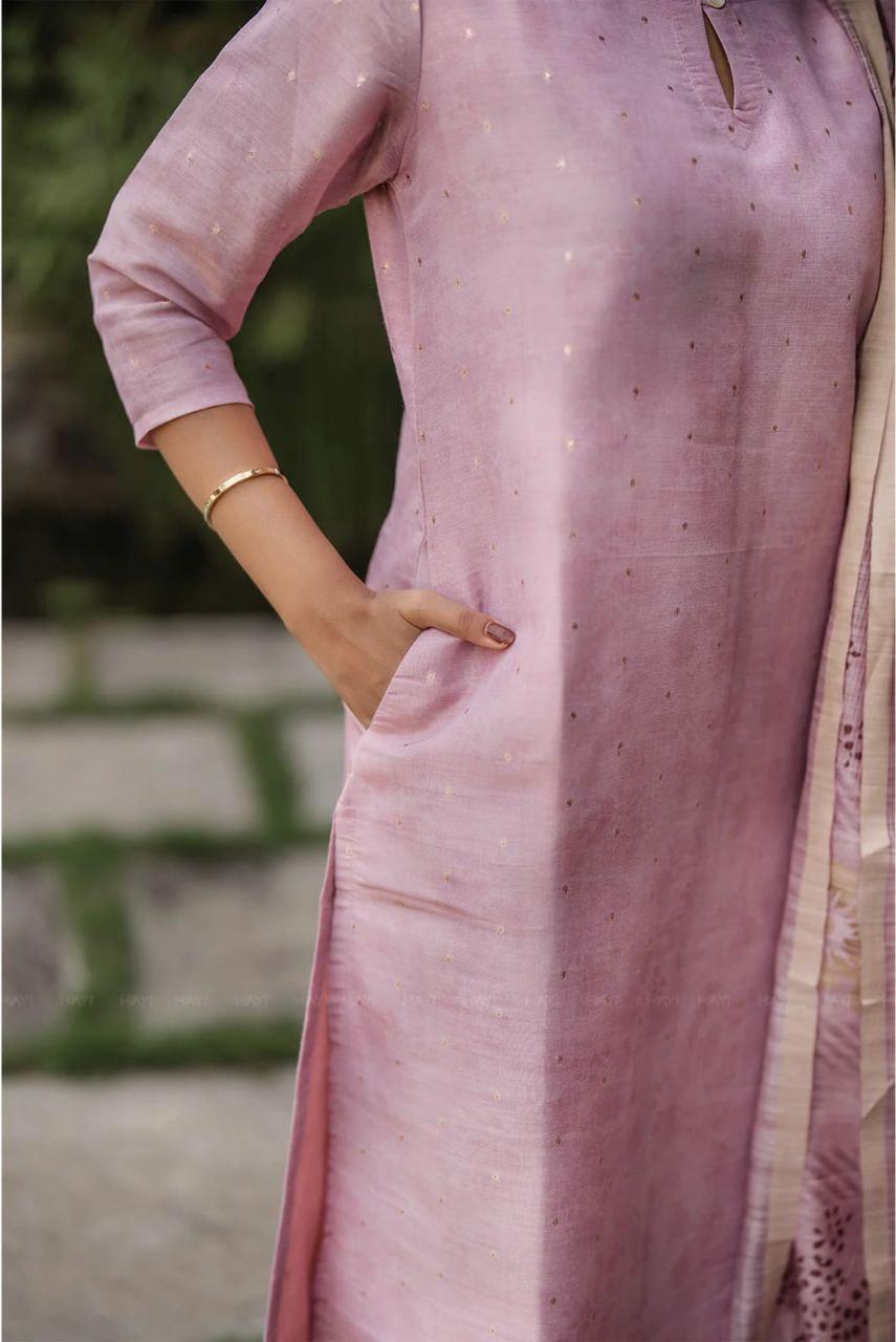 Pure Jacquard Silk Kurti with Cotton Checked Dupatta, Festive Ethnic Set