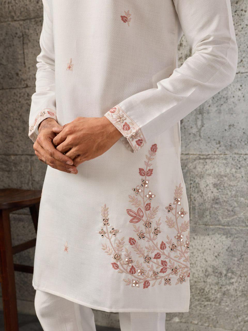 Art Silk Kurta Koti Pant Set | Mirror Work Embroidery Festive Wear