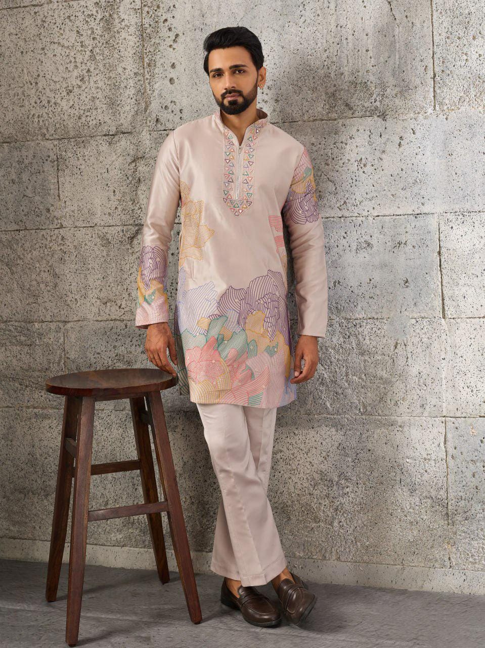 Men's Silk Kurta Pant Set | Thread Sequin Embroidery, Festive Wedding Outfit