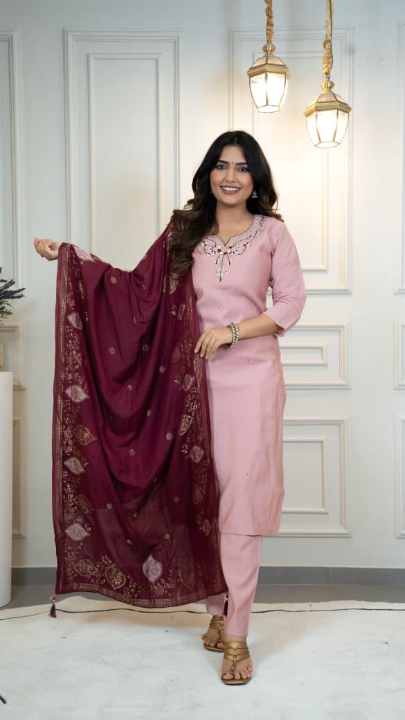 Light Pink Roman Silk Suit Set, Handwork Jacquard Dupatta, Festive Ethnic Wear