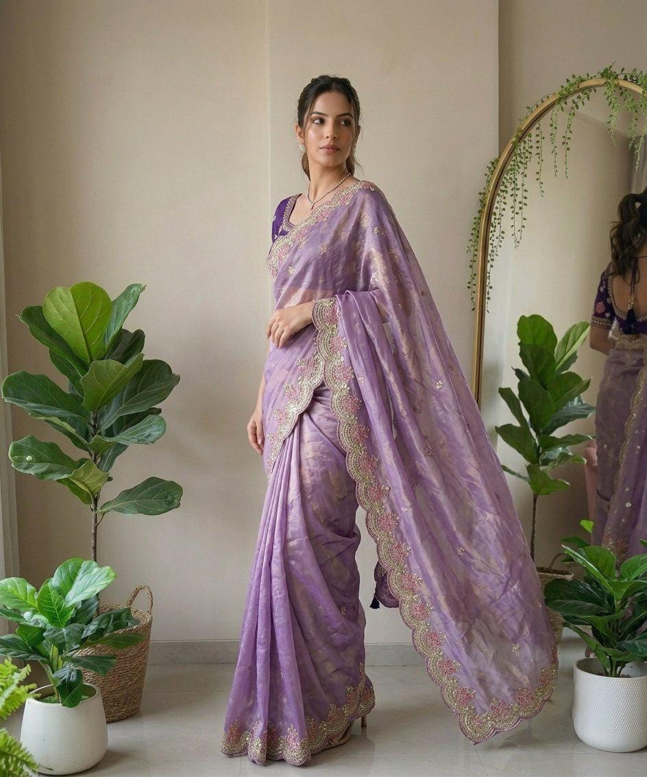 Fendy Satin Silk Saree | Embroidered Butti, Cutwork Border, Designer Wedding Wear