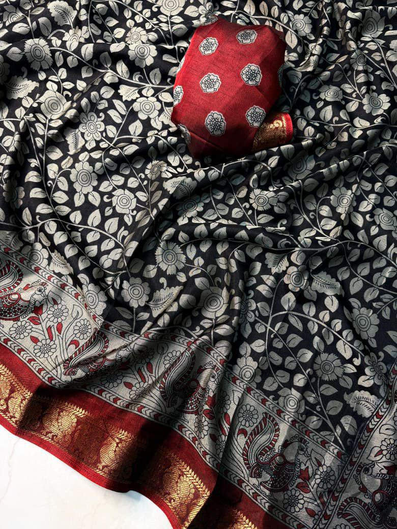 Soft Black Dola Silk Saree with Pen Kalamkari Art