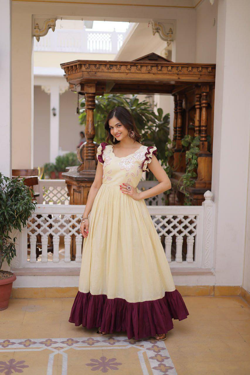 Cotton Anarkali Gown, Sequins Beads Embroidery, Festive Party Dress